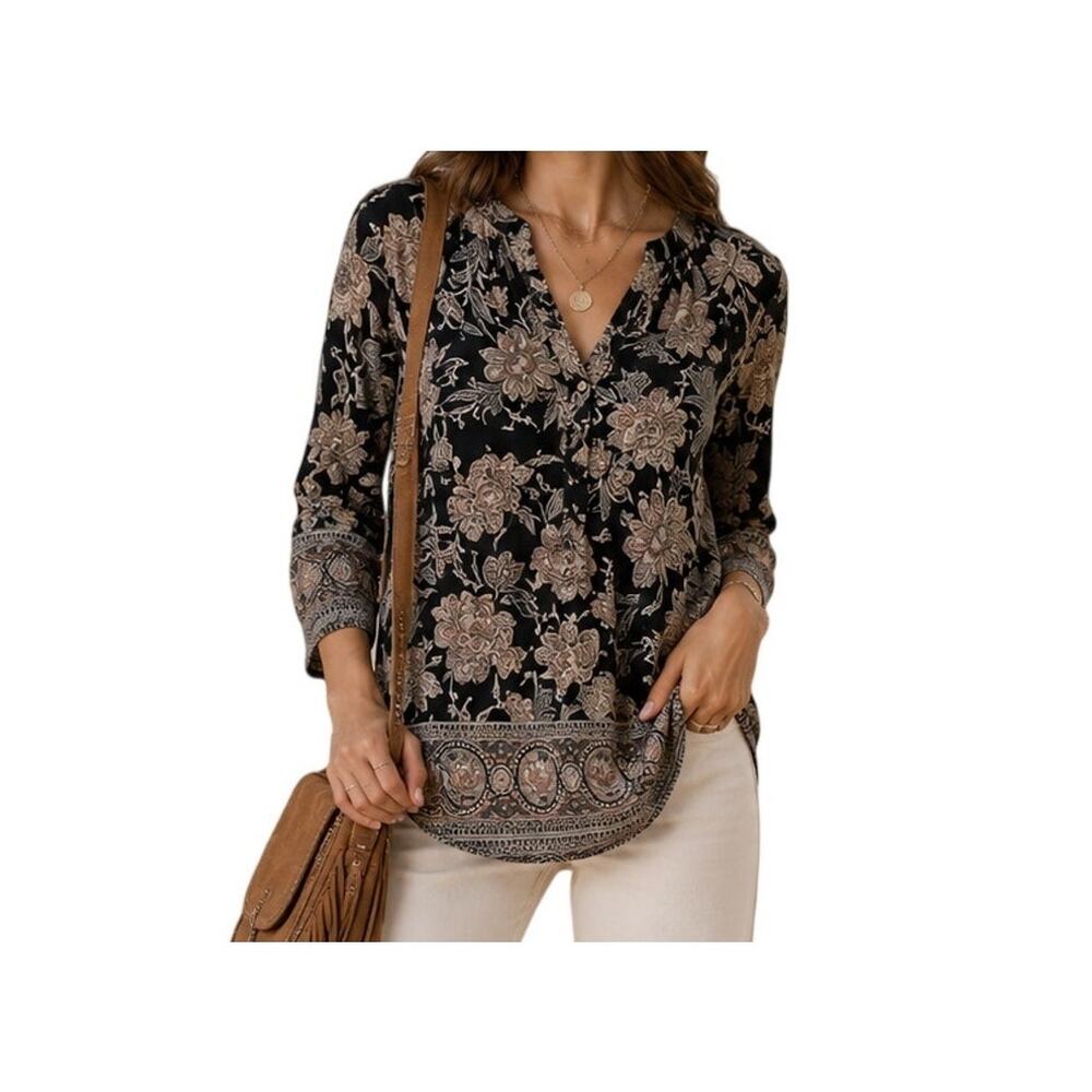 Lucky Boho Cottage Black Floral Flowy Vneck Top M Coastal Minimalism Chic